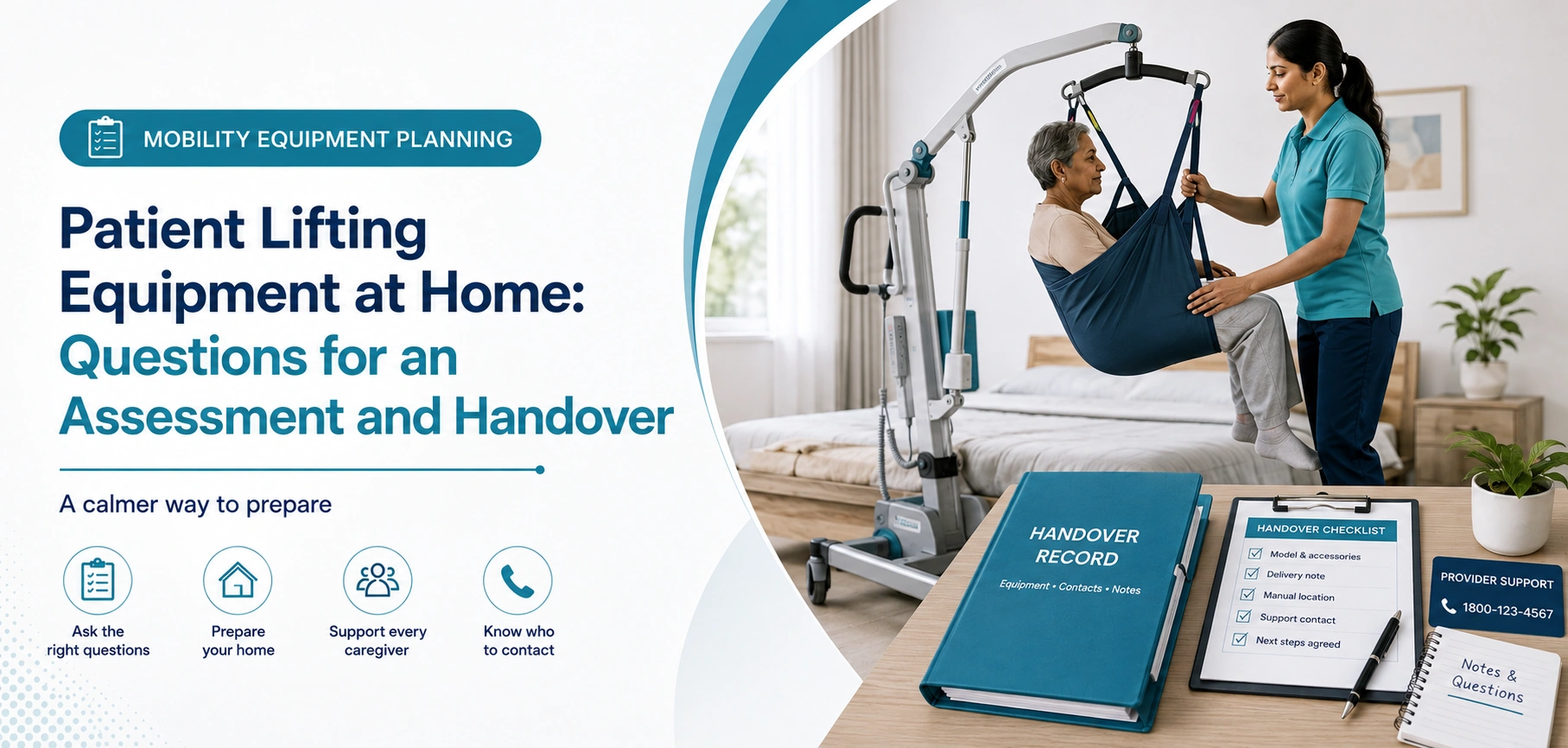 A clear family guide to patient lifting equipment at home, with practical handover questions and equipment information only.
