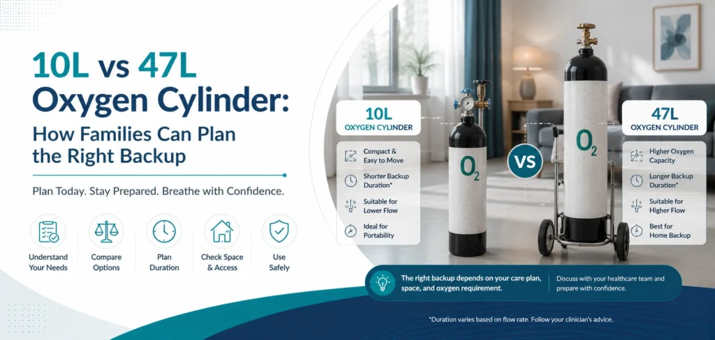 10l vs 47l oxygen cylinder how families: practical home-care equipment and rental guidance for families in Delhi NCR.