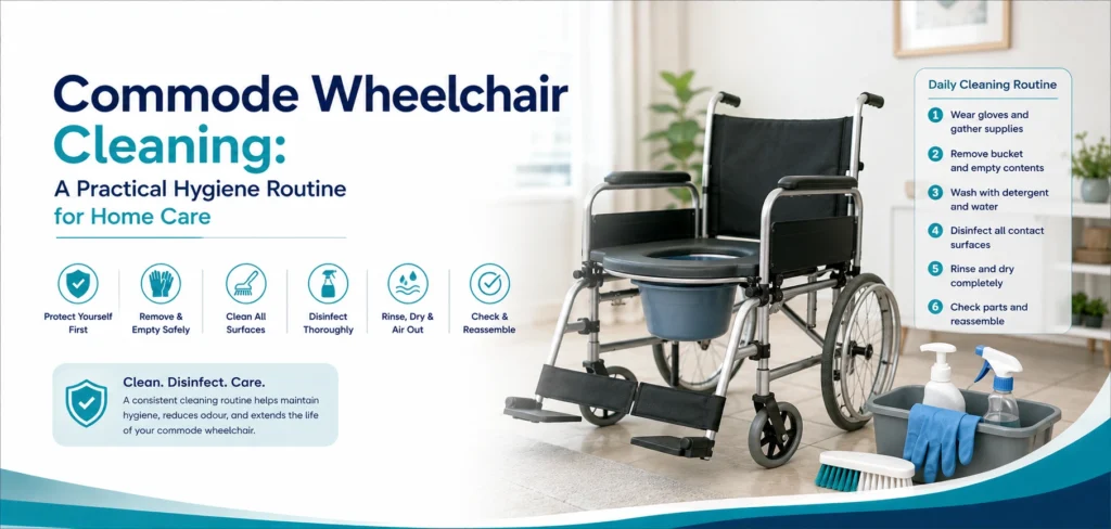 commode wheelchair cleaning a practical hygiene routine: practical home-care equipment and rental guidance for families in Delhi NCR.