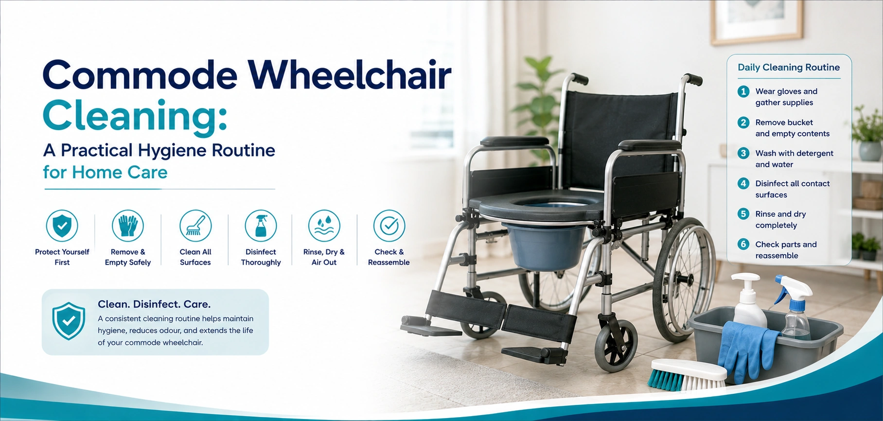 commode wheelchair cleaning a practical hygiene routine: practical home-care equipment and rental guidance for families in Delhi NCR.