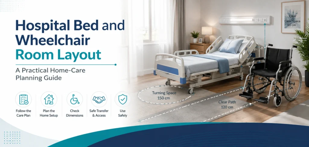 hospital bed and wheelchair room layout a: practical home-care equipment and rental guidance for families in Delhi NCR.