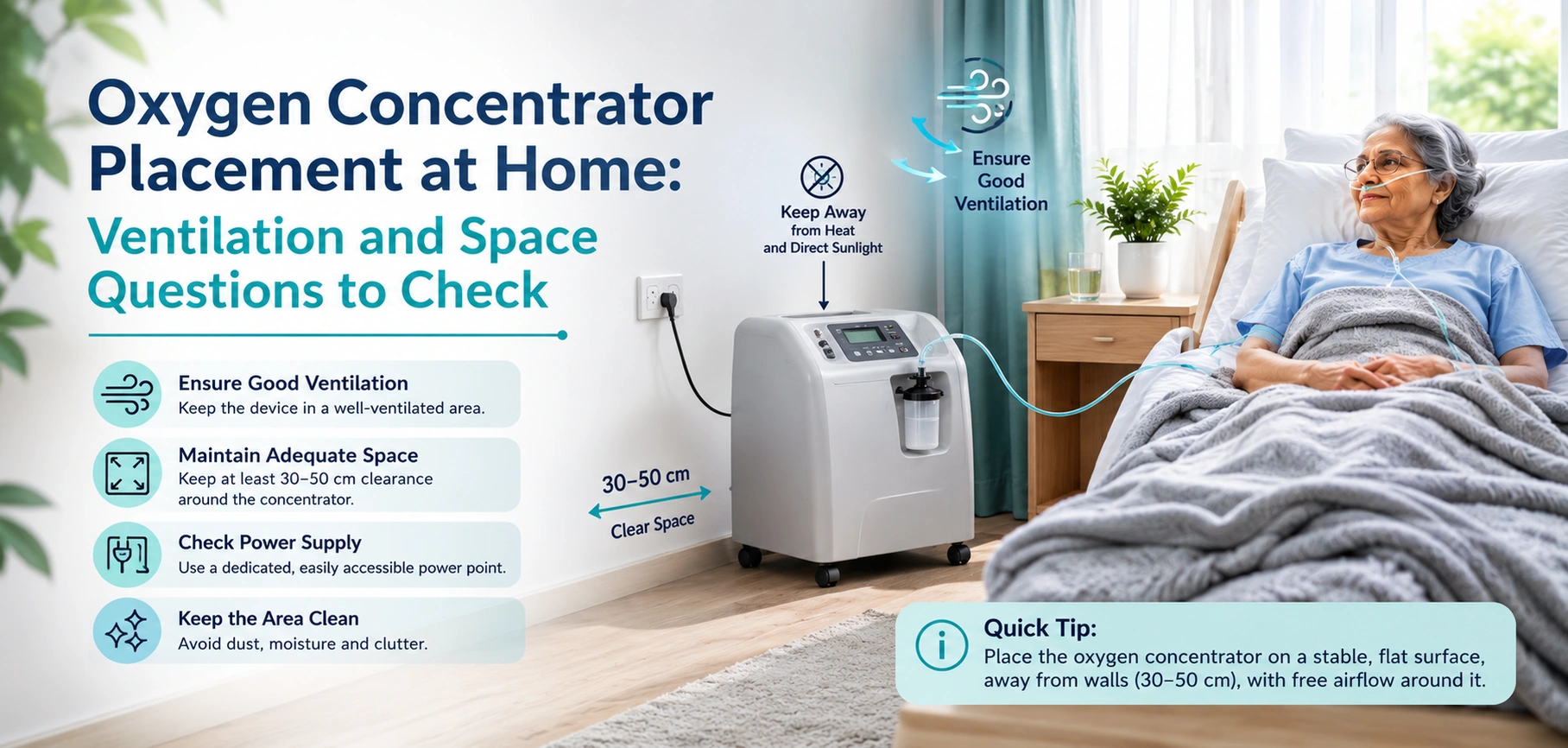 Quick Answer Oxygen Concentrator Placement at Home: Ventilation and Space Questions to Check should be treated as a practical home-care planning topic. The most suitable equipment and method of use depend on the individual patient, their written clinical instructions, the caregiver’s capacity and the home environment. This article explains how families can prepare useful questions before arranging equipment; it does not replace medical advice. Begin With the Care Plan Start with the treating team’s written discharge plan. Ask what the patient can do safely, what assistance is required and whether a particular function, model or accessory has been recommended. A product label alone cannot explain a safe transfer, positioning method, supervision level or clinical follow-up. Ask the clinician, nurse, physiotherapist or occupational therapist to clarify any point that is not understood before delivery day. Plan the Home Setup Walk from the entrance to the intended room and note doors, lifts, corridor turns, thresholds, stairs, power points, lighting and clear space. A practical setup also allows a caregiver to work without blocking a prescribed mobility aid. Keep loose rugs, cables and unstable furniture away from the route. Do not imitate product functions with unapproved accessories or home furniture. Compare the Exact Product Review the stated specifications of the exact model rather than assuming similarly named items work alike. Relevant starting points include oxygen concentrator options and oxygen cylinder service. Confirm dimensions, included accessories, manual, power needs where applicable, cleaning instructions and service terms. The provider can explain the equipment, but the clinical team must determine patient-specific use. Rental and Handover Checklist Confirm delivery access, the exact equipment supplied, handover demonstration, rental period, extension process, deposit, service-contact route and collection procedure. Write down model names and accessories. If the delivered device differs from the one discussed, stop and clarify before it is used. Keep the product manual and support number in a place the family can find quickly. Safe Use at Home Use only the approved controls and accessories. Follow the supplied manual and the clinical plan; do not alter prescribed settings or patient-care procedures based on online information. Equipment may support care but does not diagnose, cure, prevent disease or guarantee an outcome. Contact the treating team or emergency services according to discharge instructions if symptoms change, a transfer is unsafe, or the family cannot follow the plan. Frequently Asked Questions Can a website choose the right equipment for a patient? No. A website can explain the product and help with practical preparation. The treating healthcare professional must guide patient-specific selection and use. Medical Disclaimer This is general equipment information only, not medical advice. Follow the patient’s doctor, nurse and rehabilitation team for all clinical decisions.
