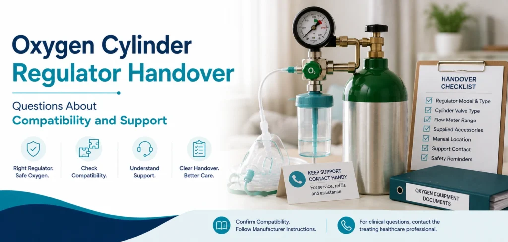 A clear family guide to oxygen cylinder regulator handover, with practical handover questions and equipment information only.