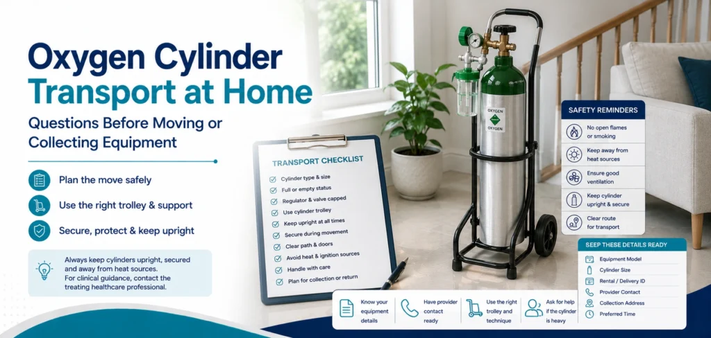 A clear family guide to oxygen cylinder transport at home, with practical handover questions and equipment information only.