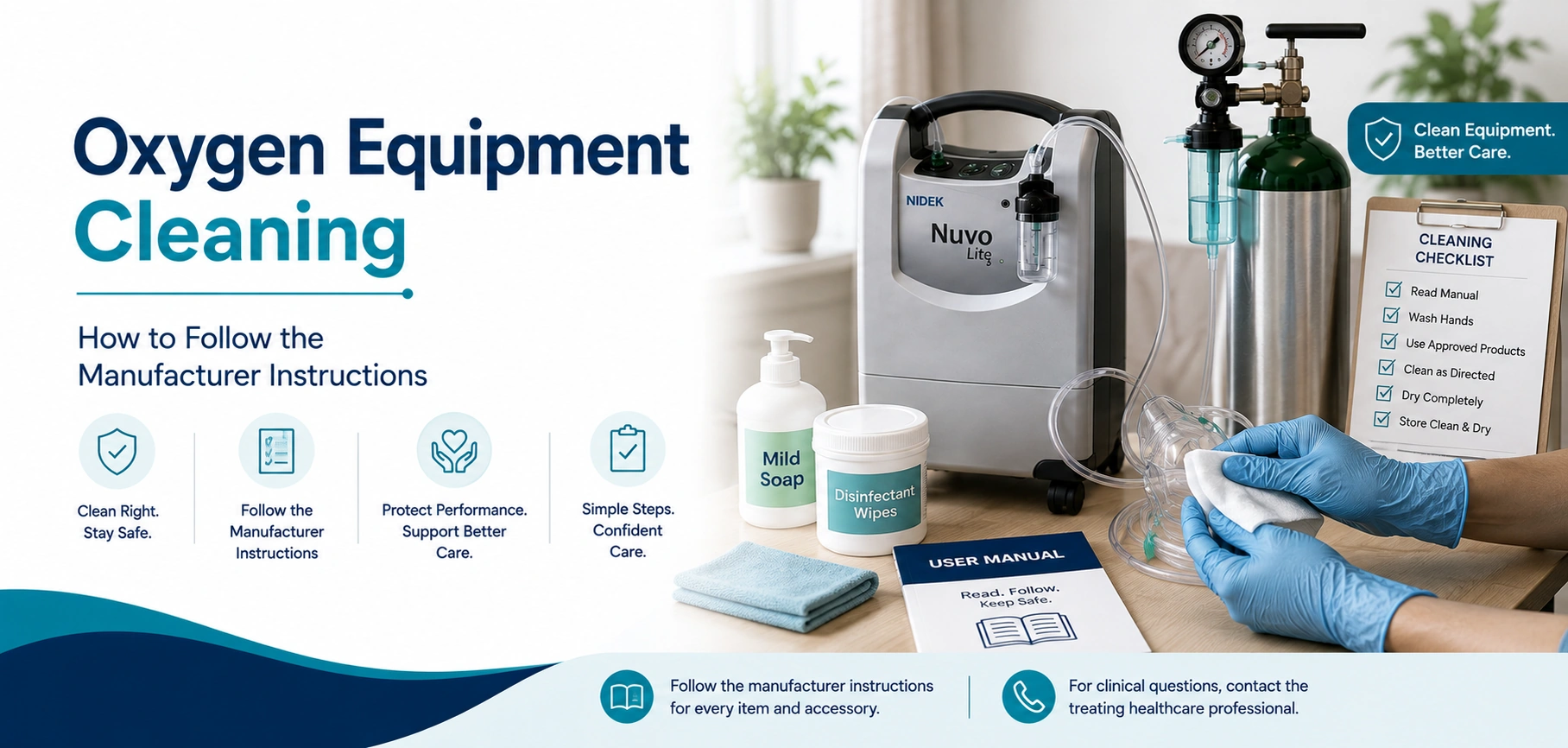 A clear family guide to oxygen equipment cleaning, with practical handover questions and equipment information only.
