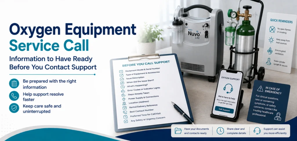 A clear family guide to oxygen equipment service call, with practical handover questions and equipment information only.