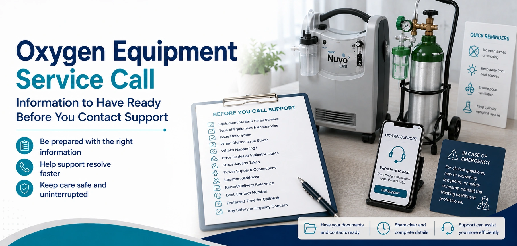 A clear family guide to oxygen equipment service call, with practical handover questions and equipment information only.