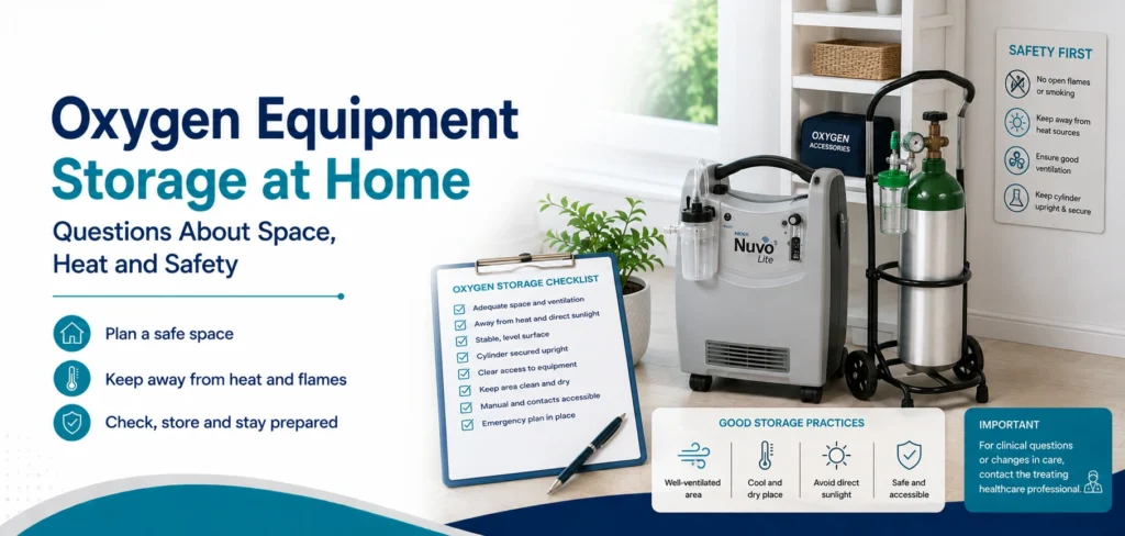 A clear family guide to oxygen equipment storage at home, with practical handover questions and equipment information only.