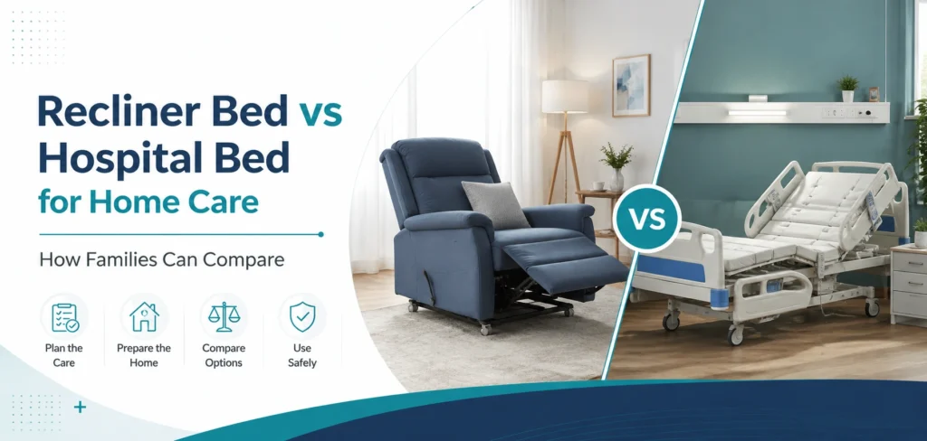 recliner bed vs hospital bed for home: practical home-care equipment and rental guidance for families in Delhi NCR.