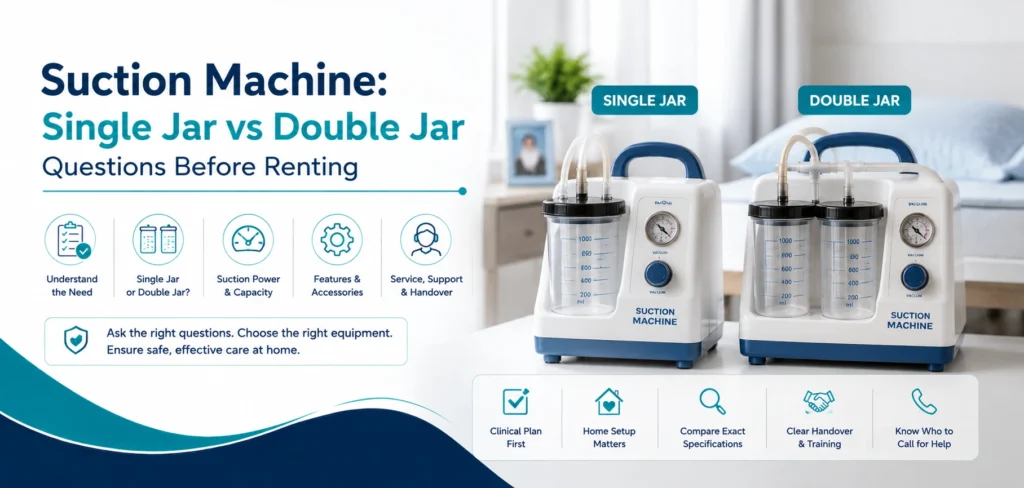 suction machine single jar vs double jar: practical home-care equipment and rental guidance for families in Delhi NCR.