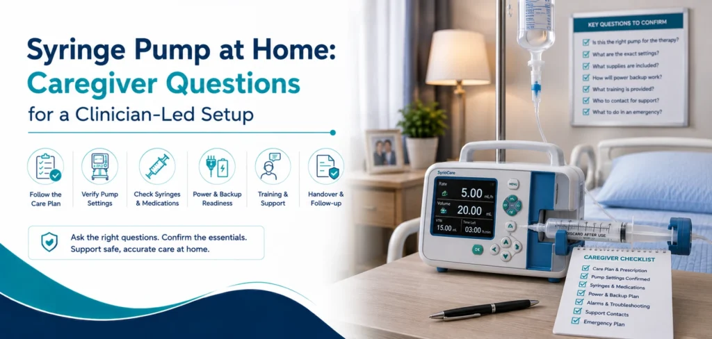Syringe pump at-home caregiver questions for practical home-care equipment and rental guidance for families in Delhi NCR.