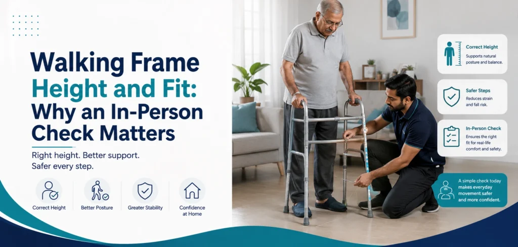A clear family guide to walking frame height and fit, with practical handover questions and equipment information only.