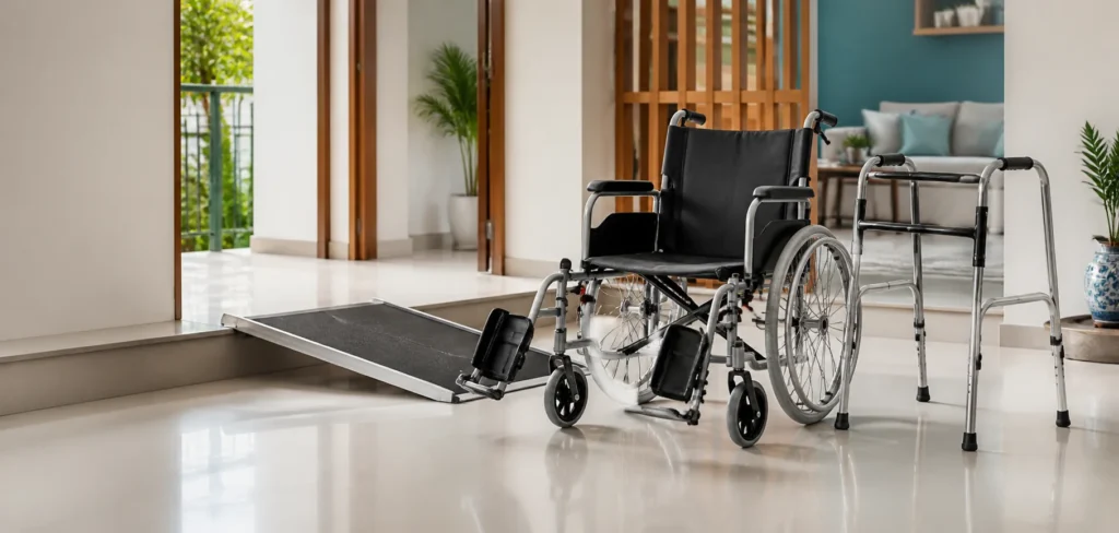 Folding manual wheelchair, walker and portable ramp arranged in a bright accessible Indian home