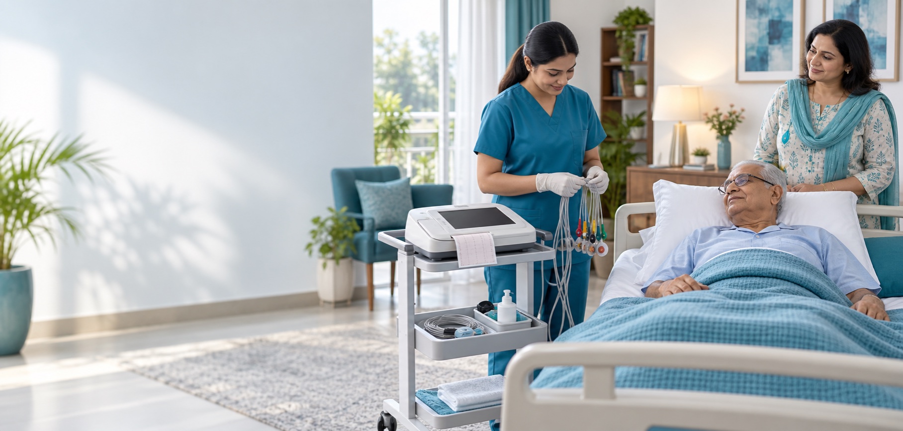Resting 12-lead ECG machine prepared by a trained clinician at home