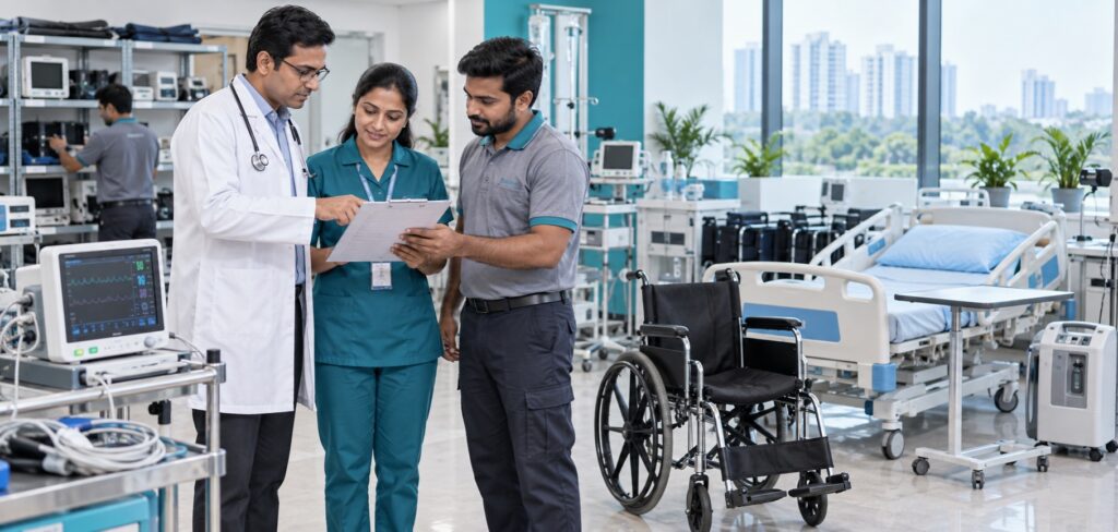 Clinic team reviewing a medical equipment rental handover in Delhi NCR