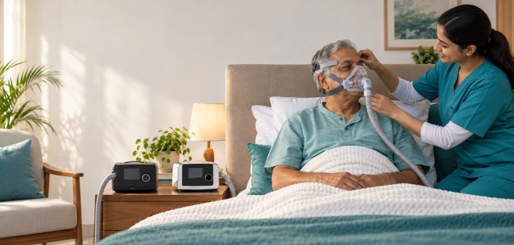Respiratory therapist checking a bilevel mask and home BiPAP setup for an older Indian adult