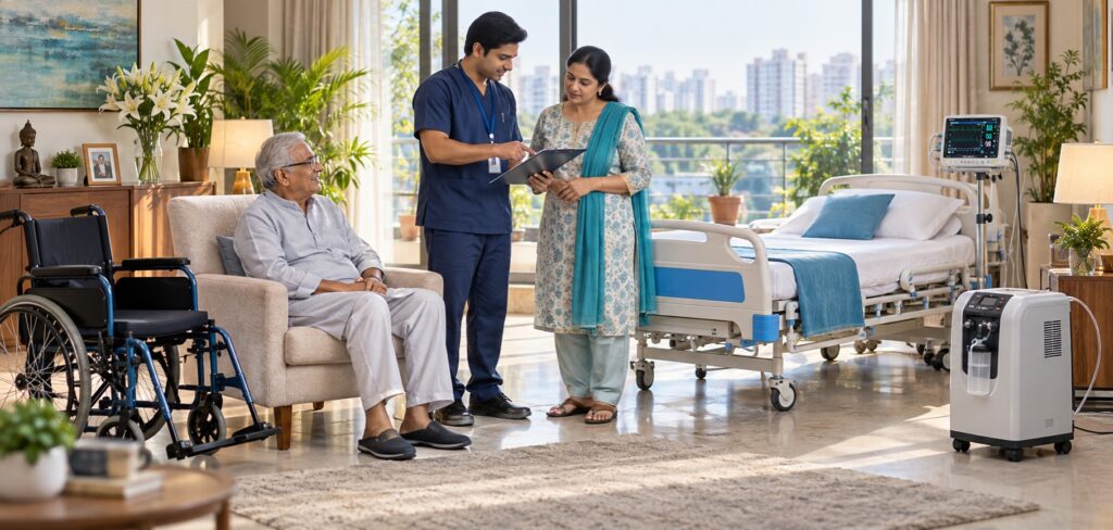 Family coordinating multiple medical equipment rentals in a Delhi NCR home