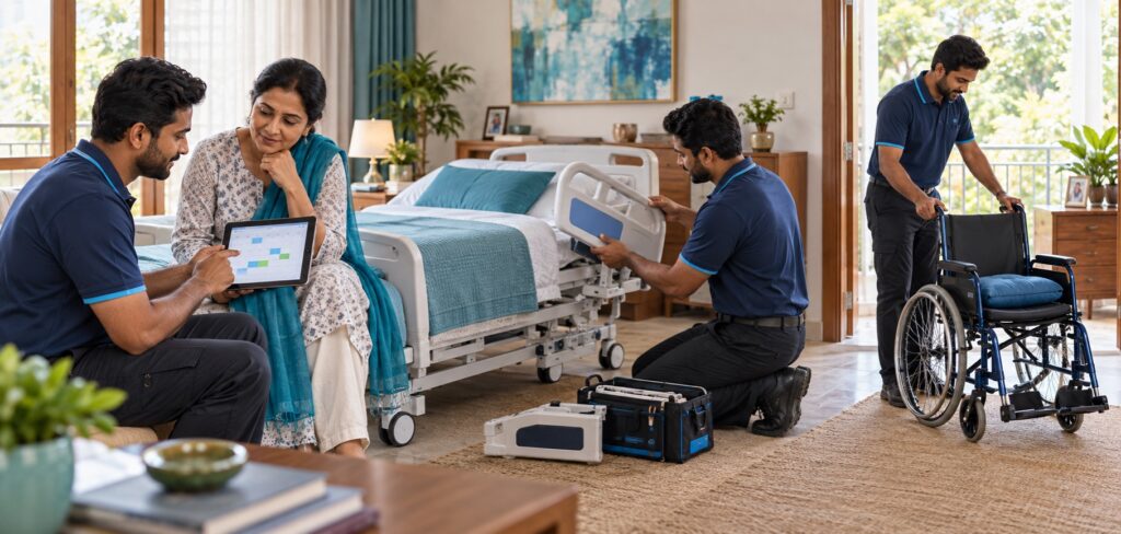 Family reviewing extension exchange and return of rented medical equipment
