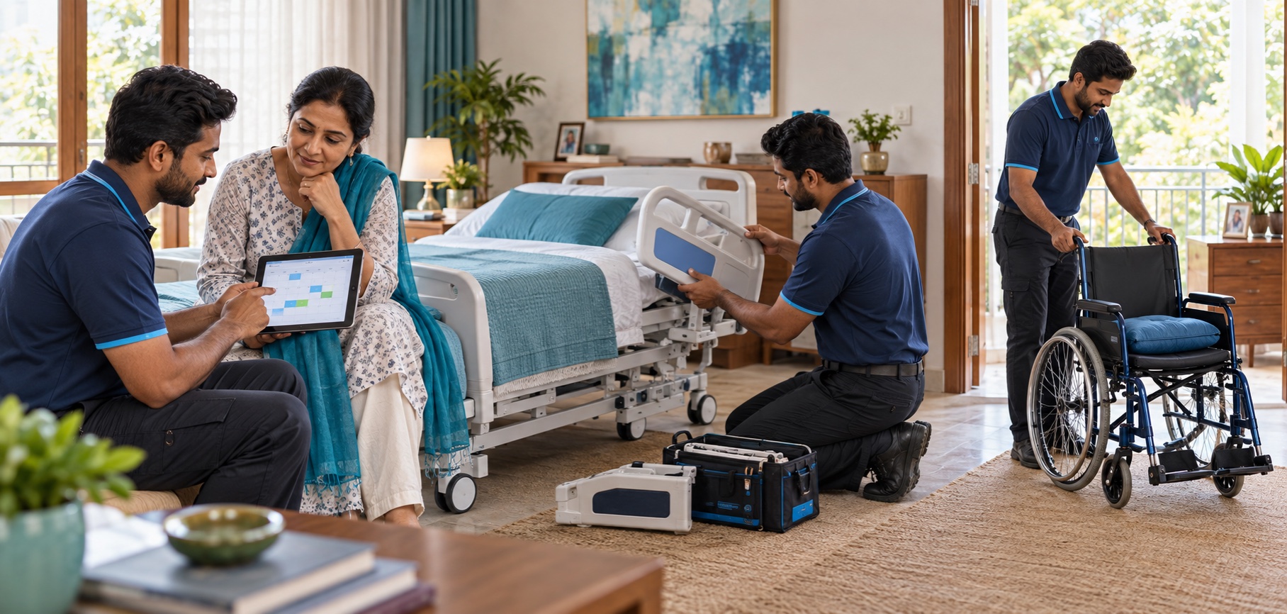 Family reviewing extension exchange and return of rented medical equipment
