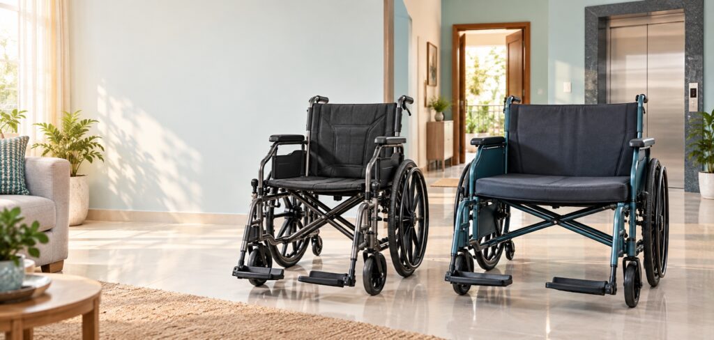 Heavy-duty and jumbo manual wheelchairs beside a doorway and lift in an Indian home