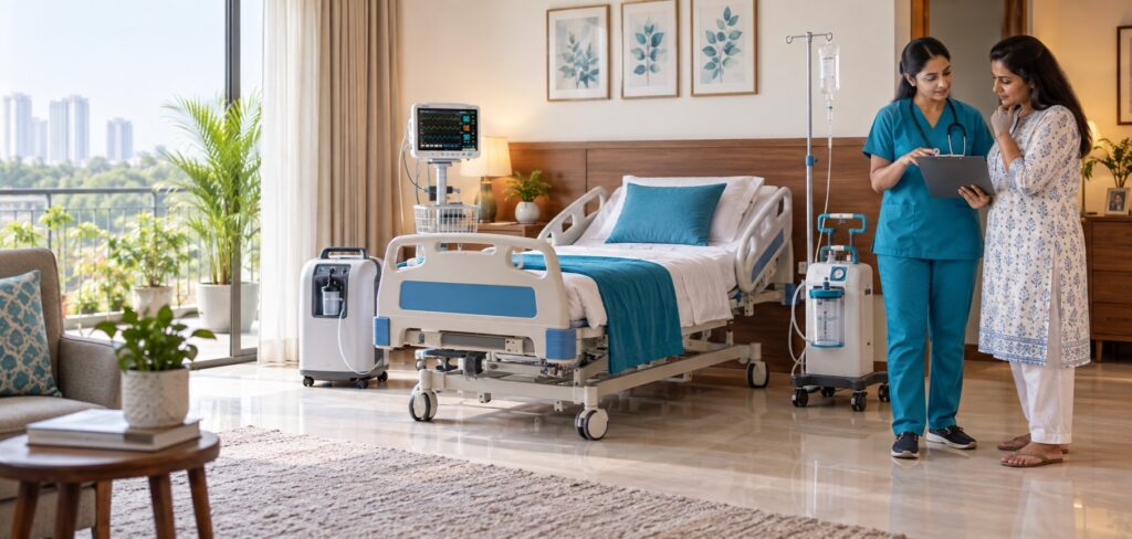 Family and healthcare professional planning a home ICU equipment setup with a hospital bed, monitor and oxygen concentrator