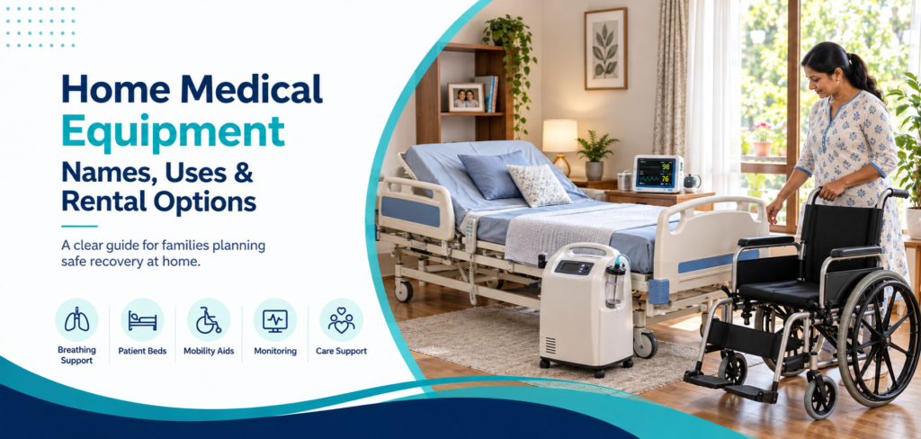Home medical equipment list showing a patient bed, wheelchair, oxygen concentrator and monitor