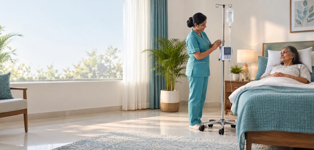 Stable height-adjustable IV stand with infusion pump beside a home-care bed