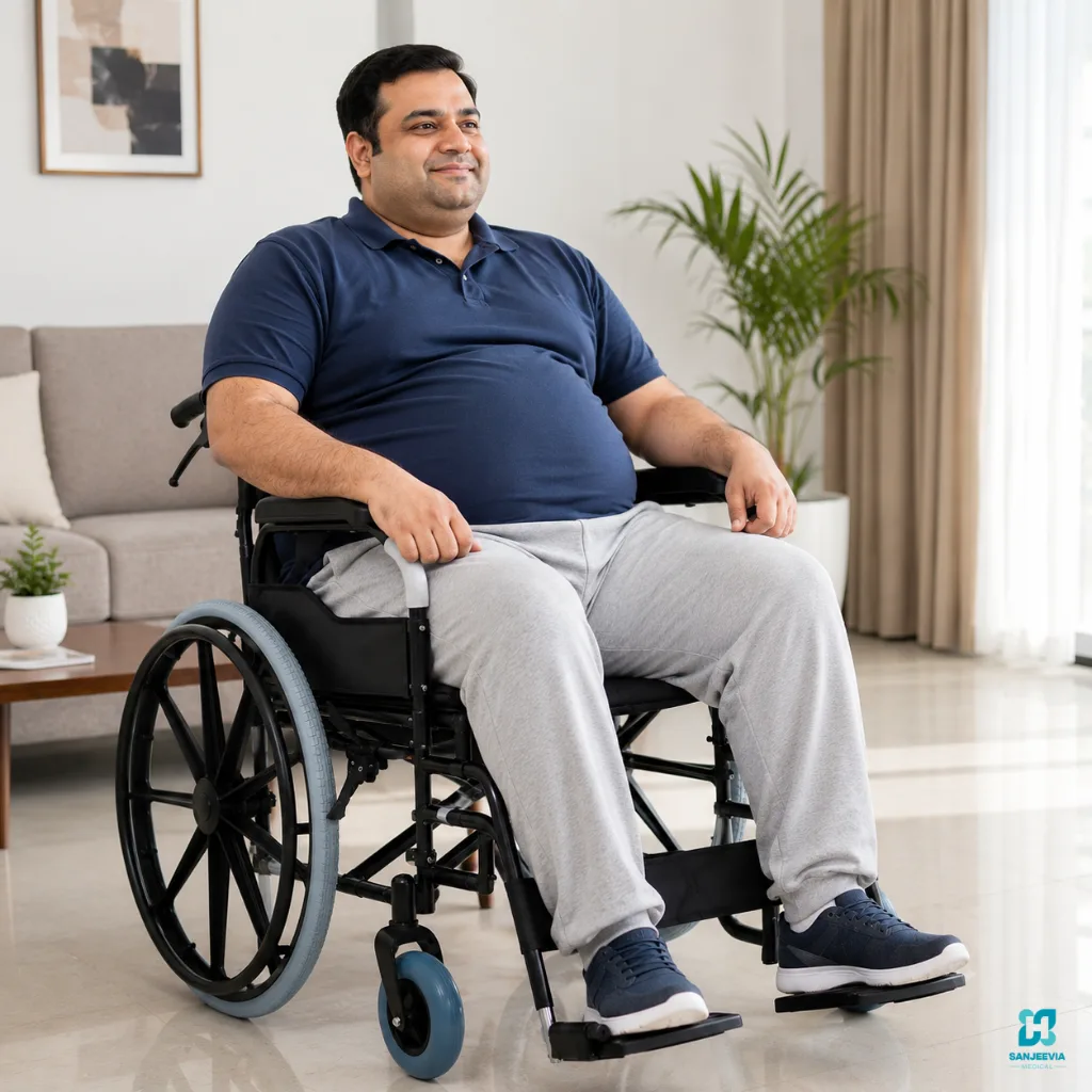 Jumbo wheelchair with padded armrests and detachable footrests