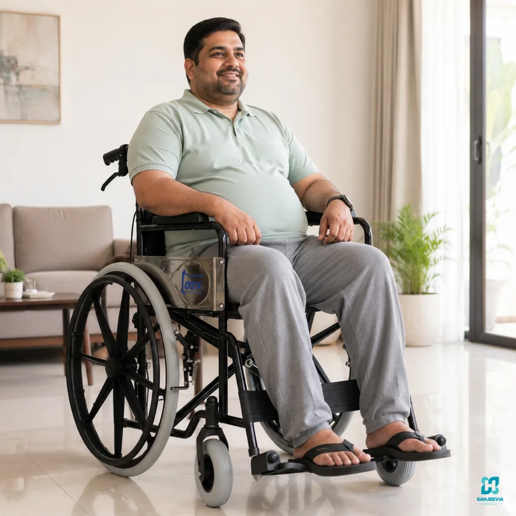 Heavy duty self propelled wheelchair with large rear wheels