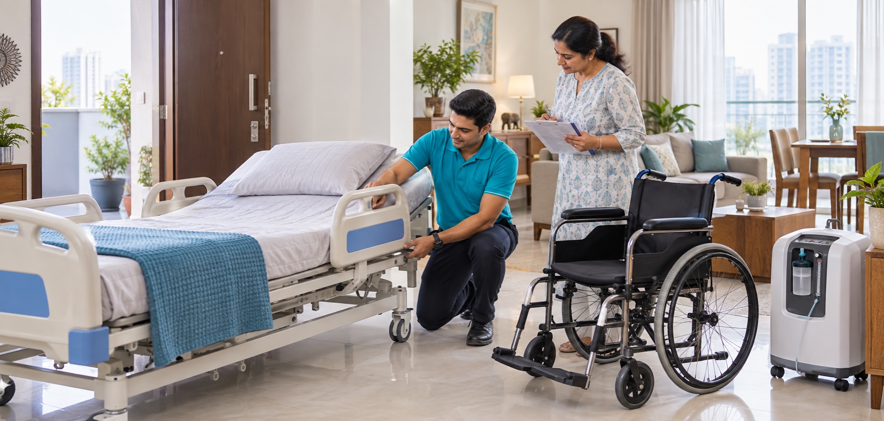 Medical equipment specialist checking a hospital bed with a family caregiver in a Delhi NCR apartment