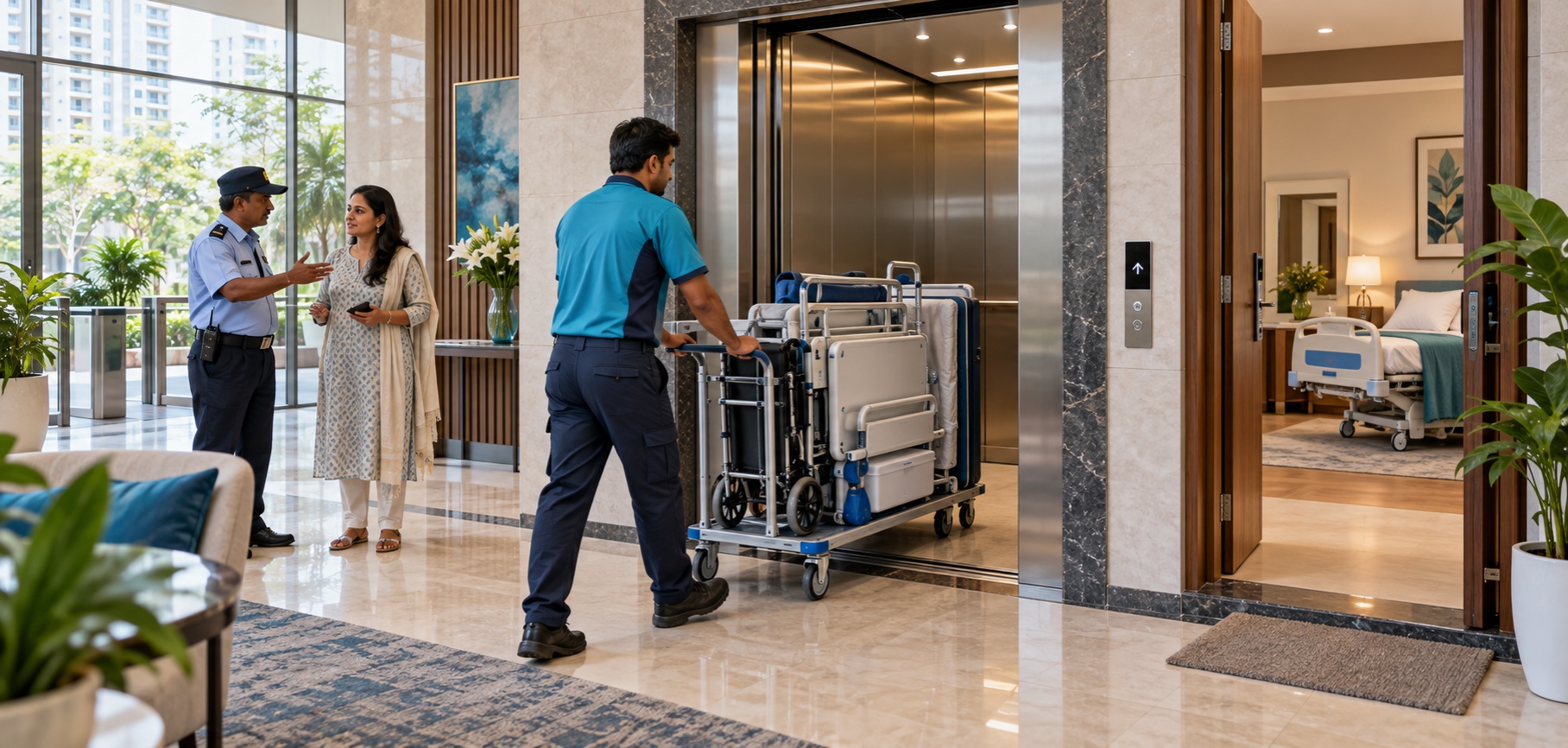 Medical equipment handover at a high-rise apartment in Delhi NCR