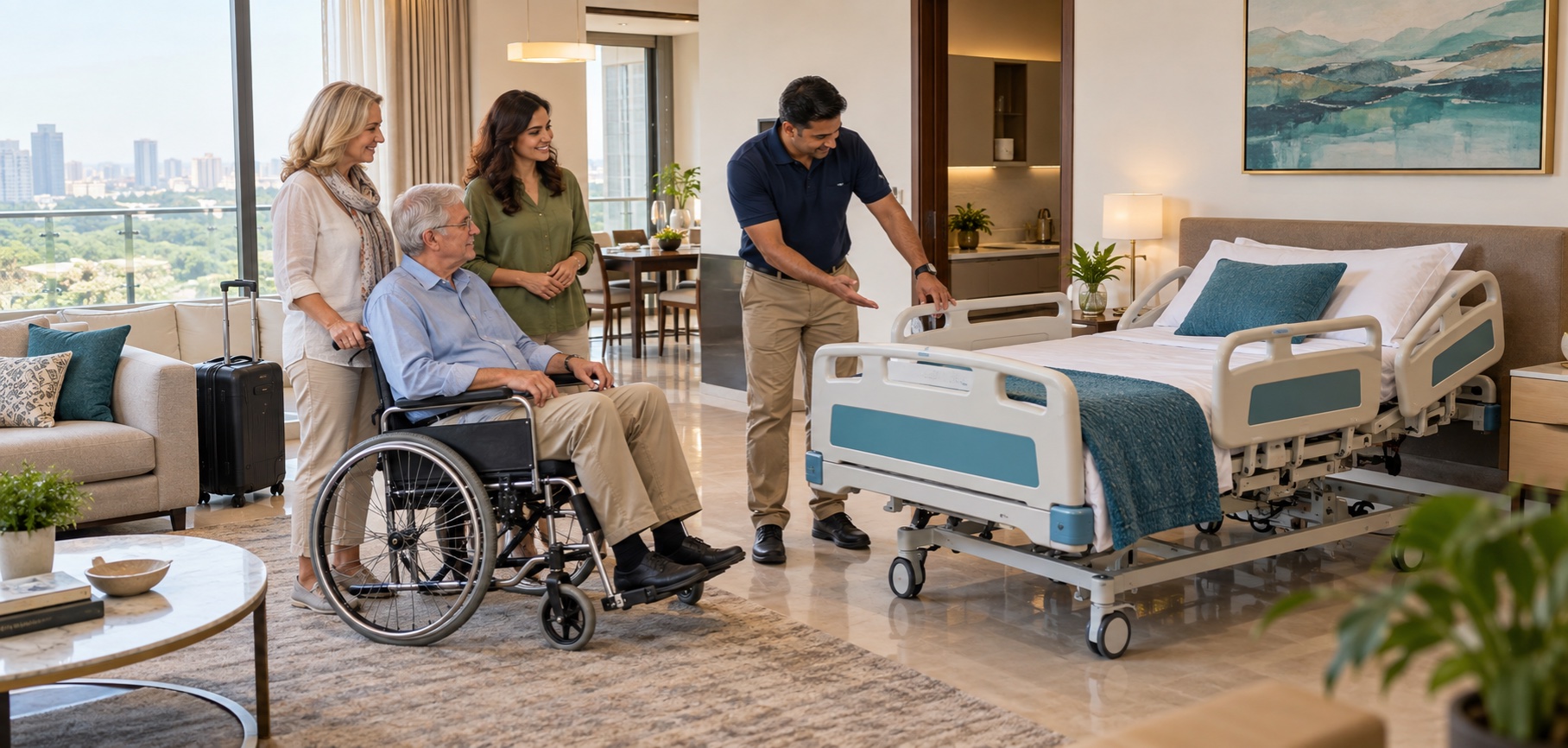 International patient receiving medical equipment at temporary accommodation in Delhi NCR