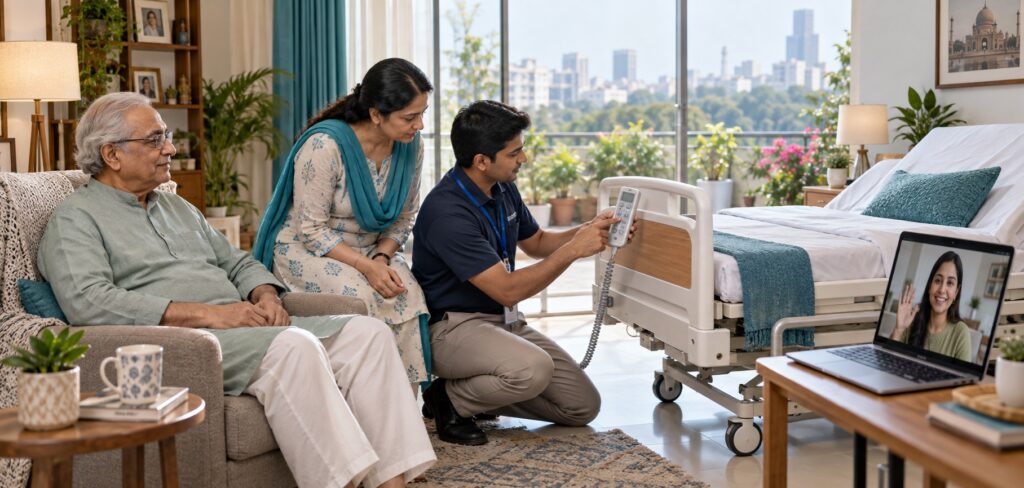 NRI family coordinating medical equipment rental for a parent in Delhi NCR