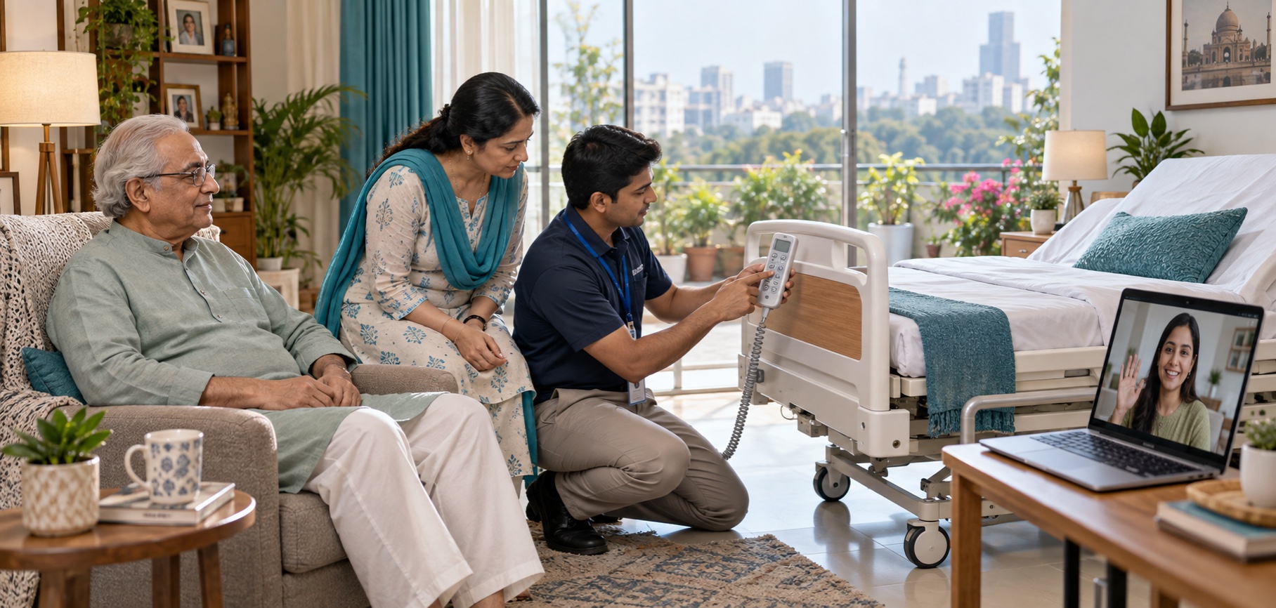 NRI family coordinating medical equipment rental for a parent in Delhi NCR