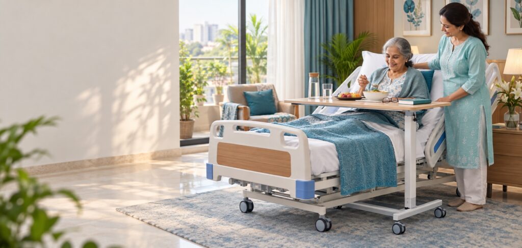 Elderly patient using a height-adjustable over-bed table at home