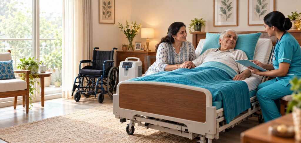 Elderly patient resting comfortably at home with a family caregiver, nurse, medical bed, wheelchair and oxygen concentrator