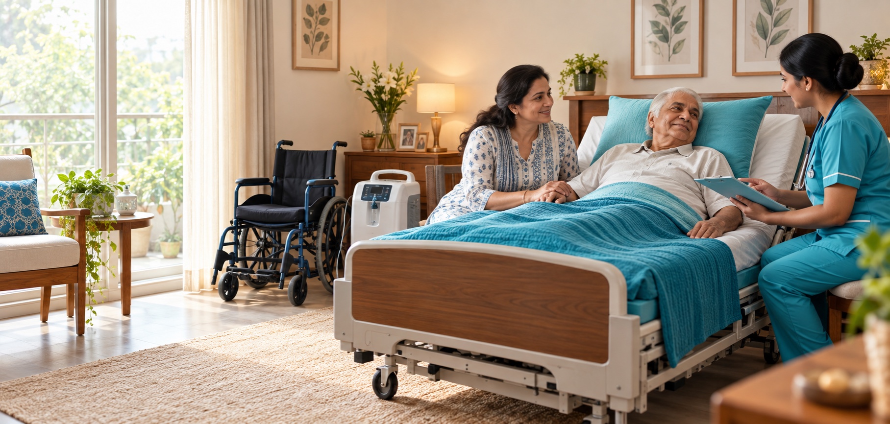 Elderly patient resting comfortably at home with a family caregiver, nurse, medical bed, wheelchair and oxygen concentrator