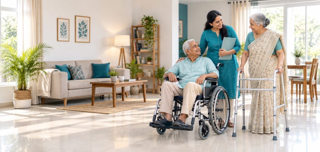 Indian senior citizens with a wheelchair and walker for Rashtriya Vayoshri Yojana information