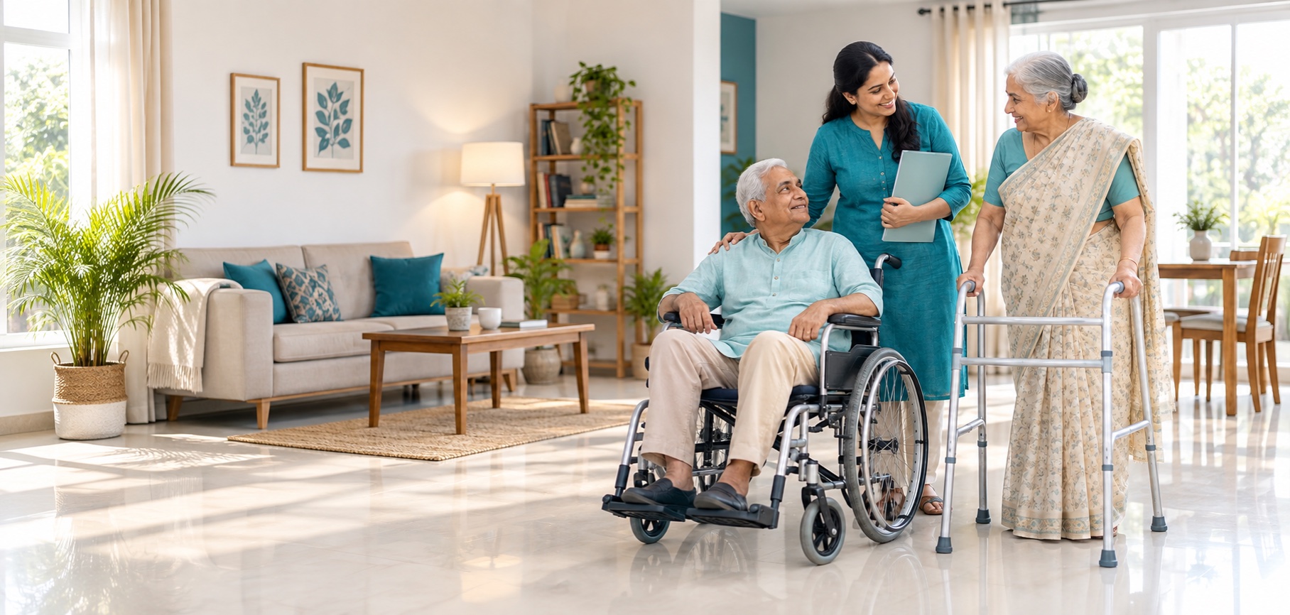 Indian senior citizens with a wheelchair and walker for Rashtriya Vayoshri Yojana information