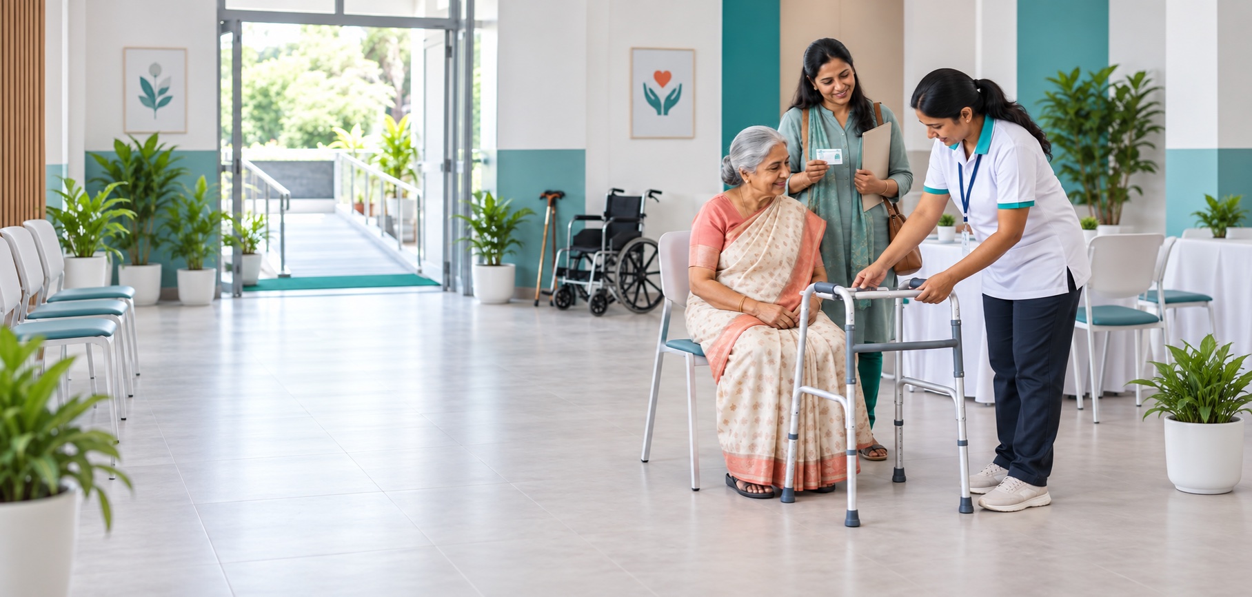 Senior citizen receiving a walker assessment at an assistive-device camp