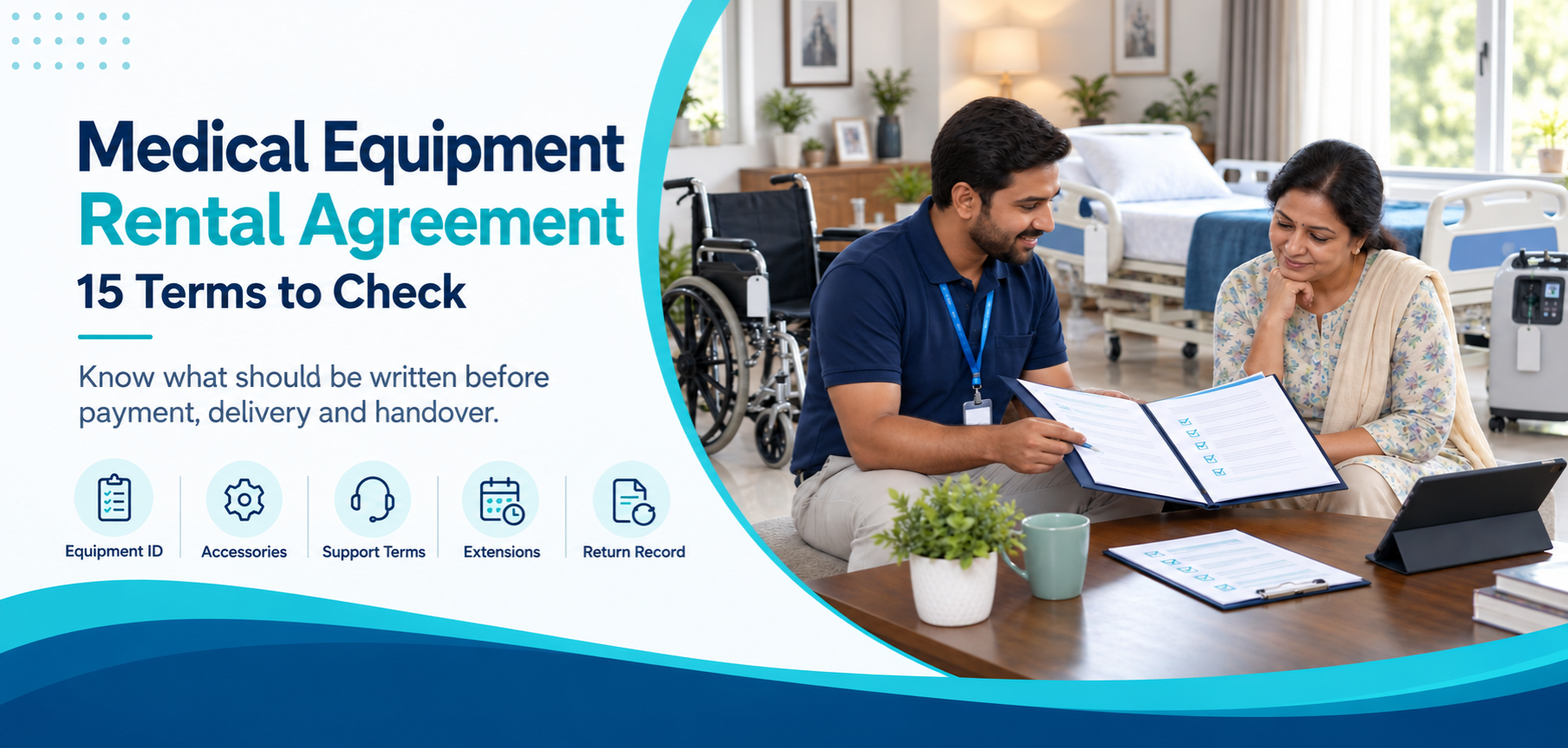 Family reviewing a medical equipment rental agreement during a home handover