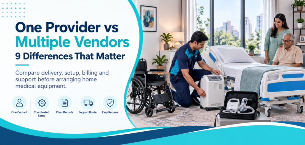 Family comparing one medical equipment provider with multiple vendors for coordinated home care