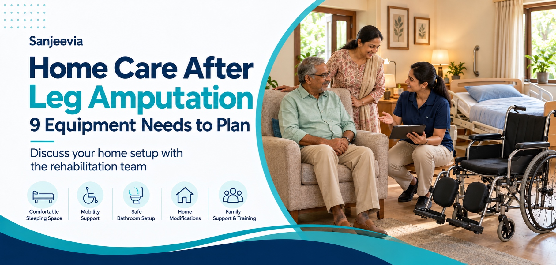 Illustrative family discussion of a bedroom and wheelchair setup for home-care equipment planning