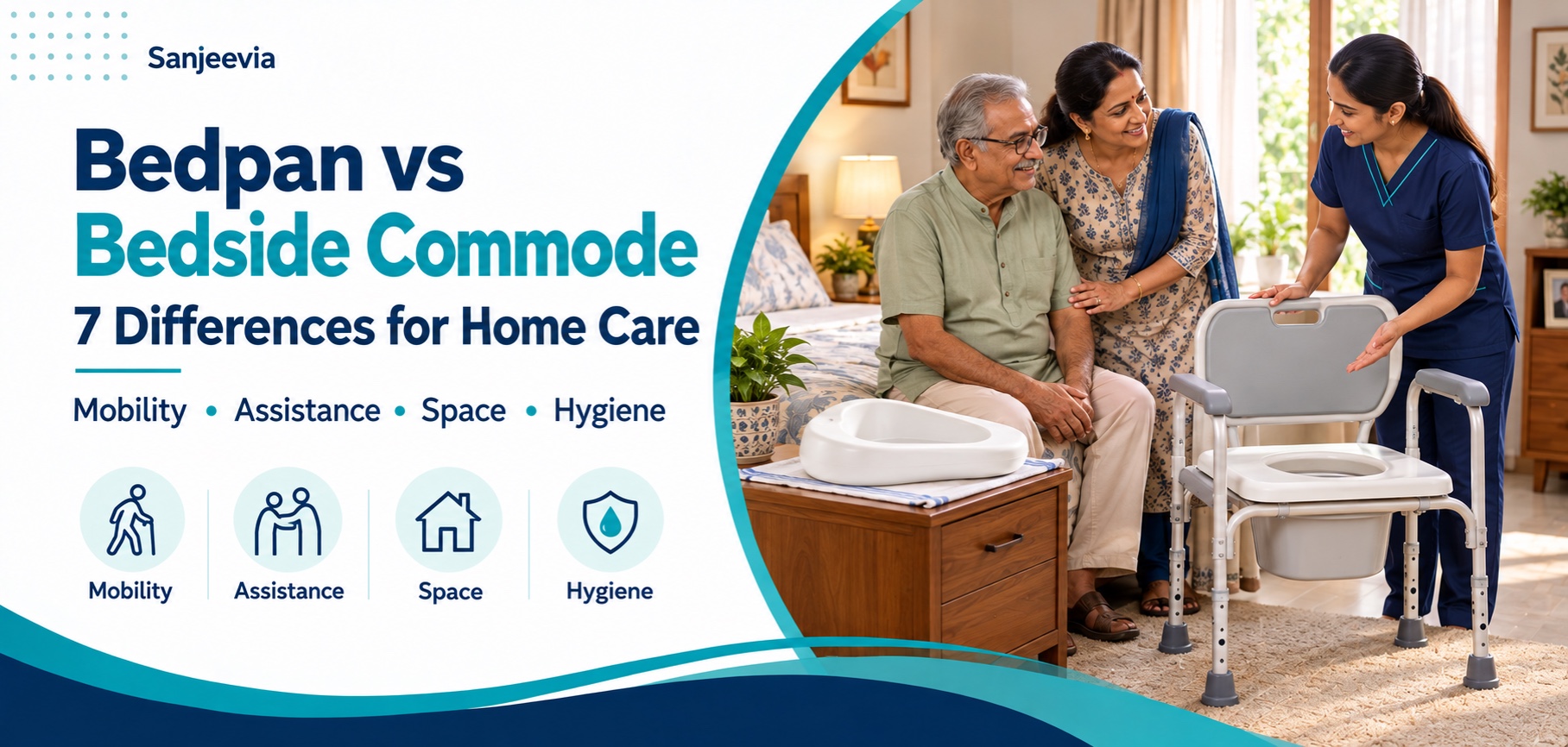 Illustration of a bedpan and bedside commode beside an older adult and family discussing home care