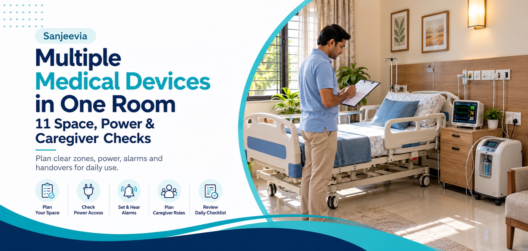 Caregiver organising a hospital bed, oxygen concentrator and patient monitor in one home-care room