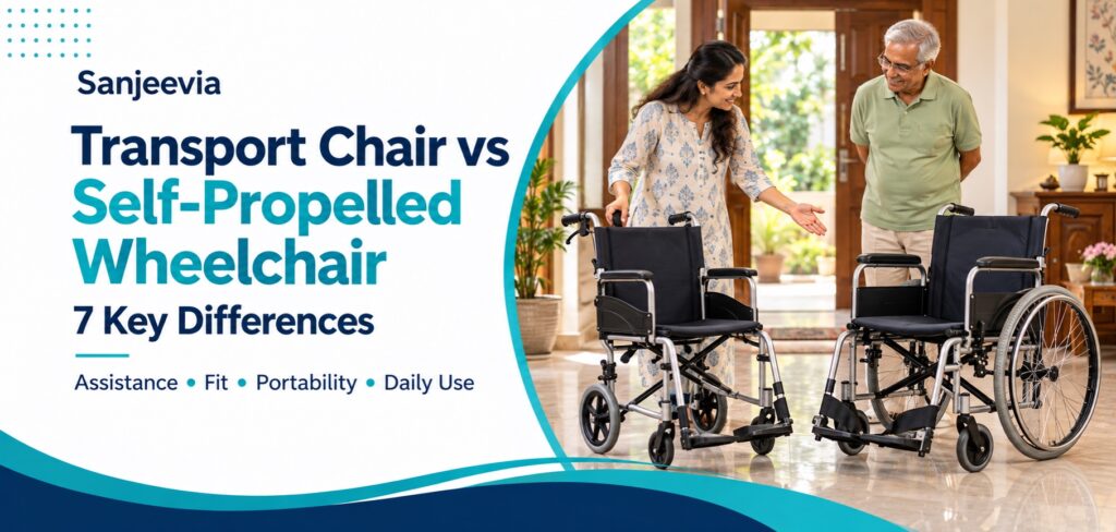 Small-wheel transport chair beside a large-wheel self-propelled wheelchair in an Indian home