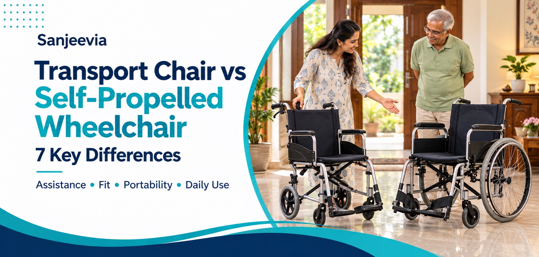 Small-wheel transport chair beside a large-wheel self-propelled wheelchair in an Indian home